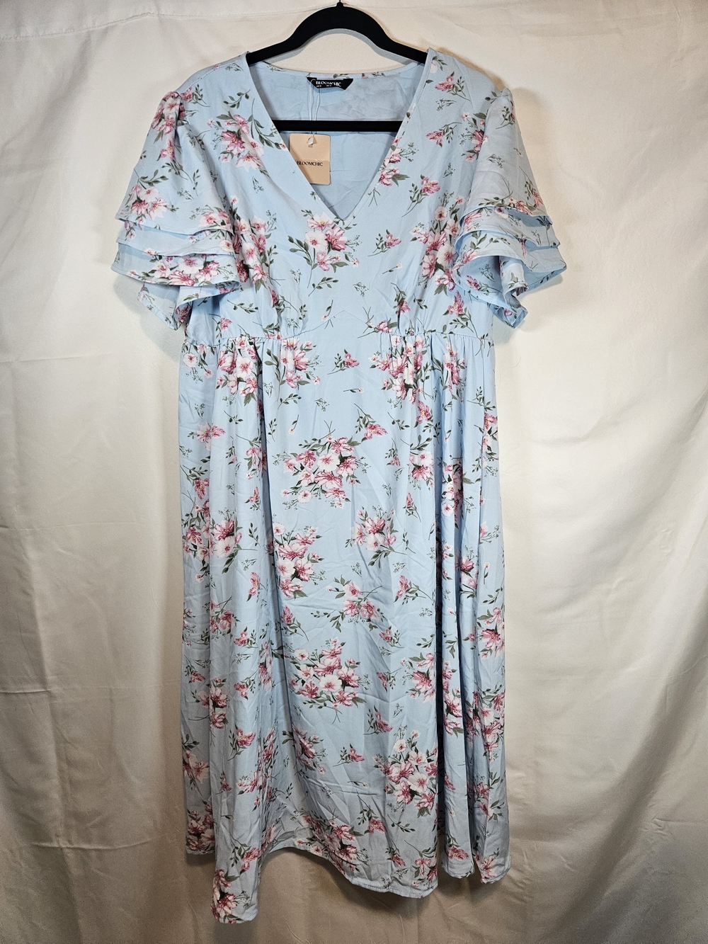 BloomChic Light Blue Midi Dress with Pink Floral Print